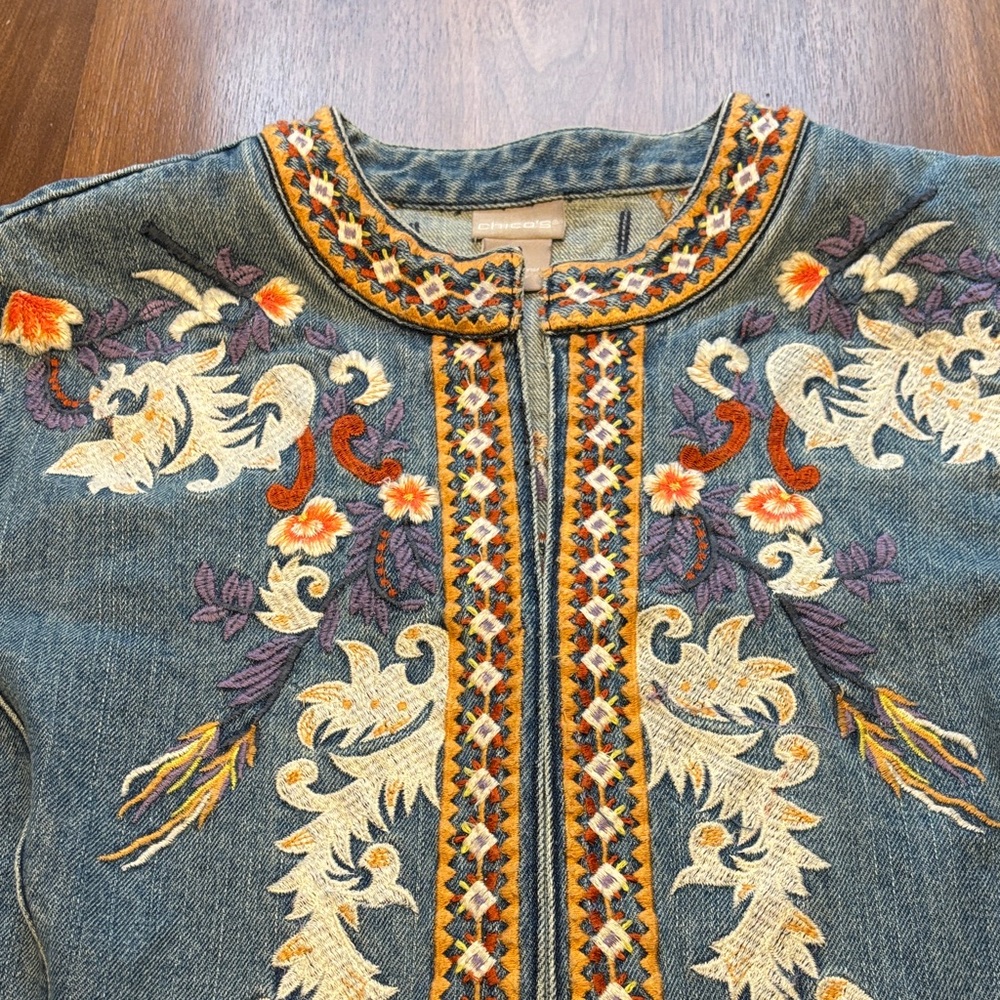 Chico's Embroidered Denim Top in Blue with Cream and Orange Accents